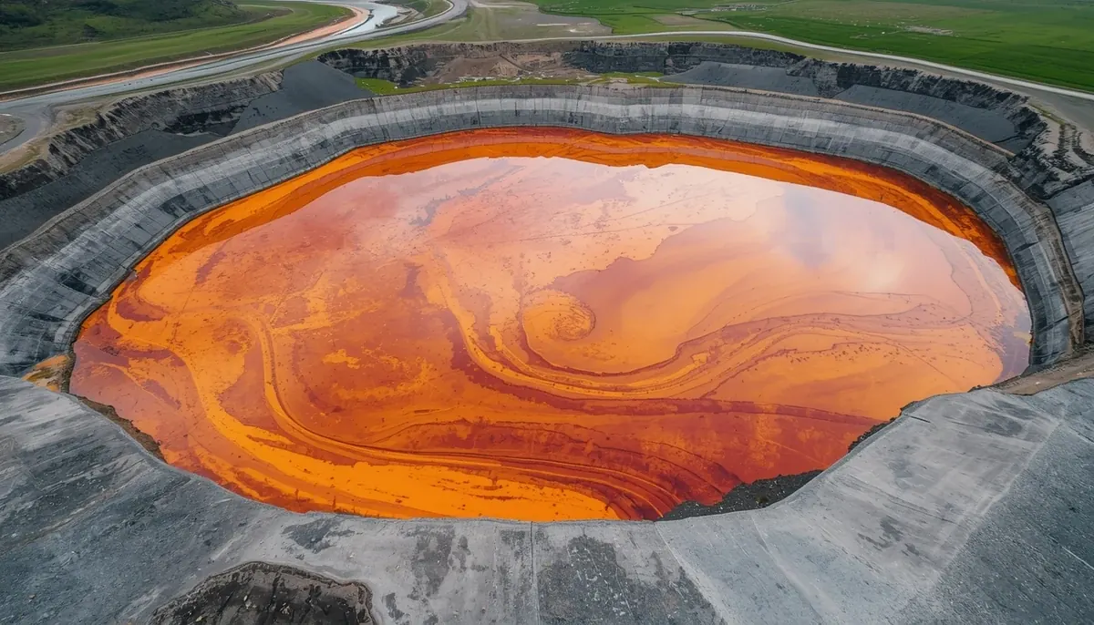 Flotacijsko jezero narandžastih tonova kao ilustracija jalovišta, kisele drenaže i rudarskog otpada koji ugrožava reke i podzemne vode.