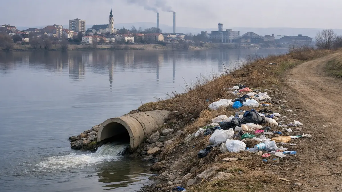 Zagađena obala reke Save kod Šapca: cev ispusta u vodu, razbacano smeće na obali, u daljini grad i dimnjaci u izmaglici