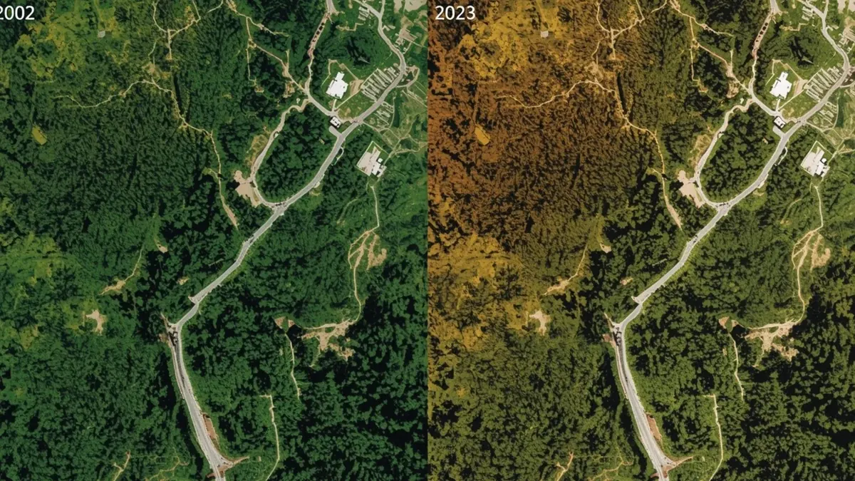 Uporedni satelitski prikaz šumskog pokrova kroz vreme kao ilustracija monitoringa deforestacije i promena pokrova tla.