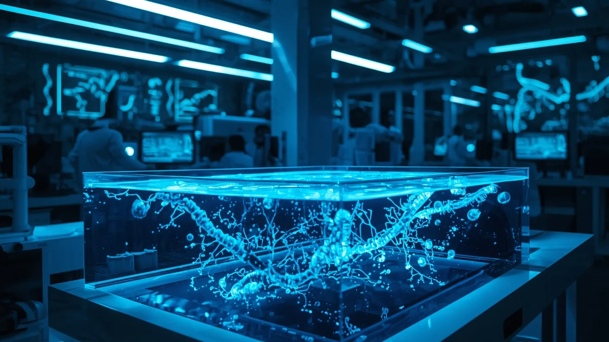 Bioluminiscentne bakterije u akvarijumu laboratorije koje razgrađuju zagađenje kao ilustracija sintetičke biologije.