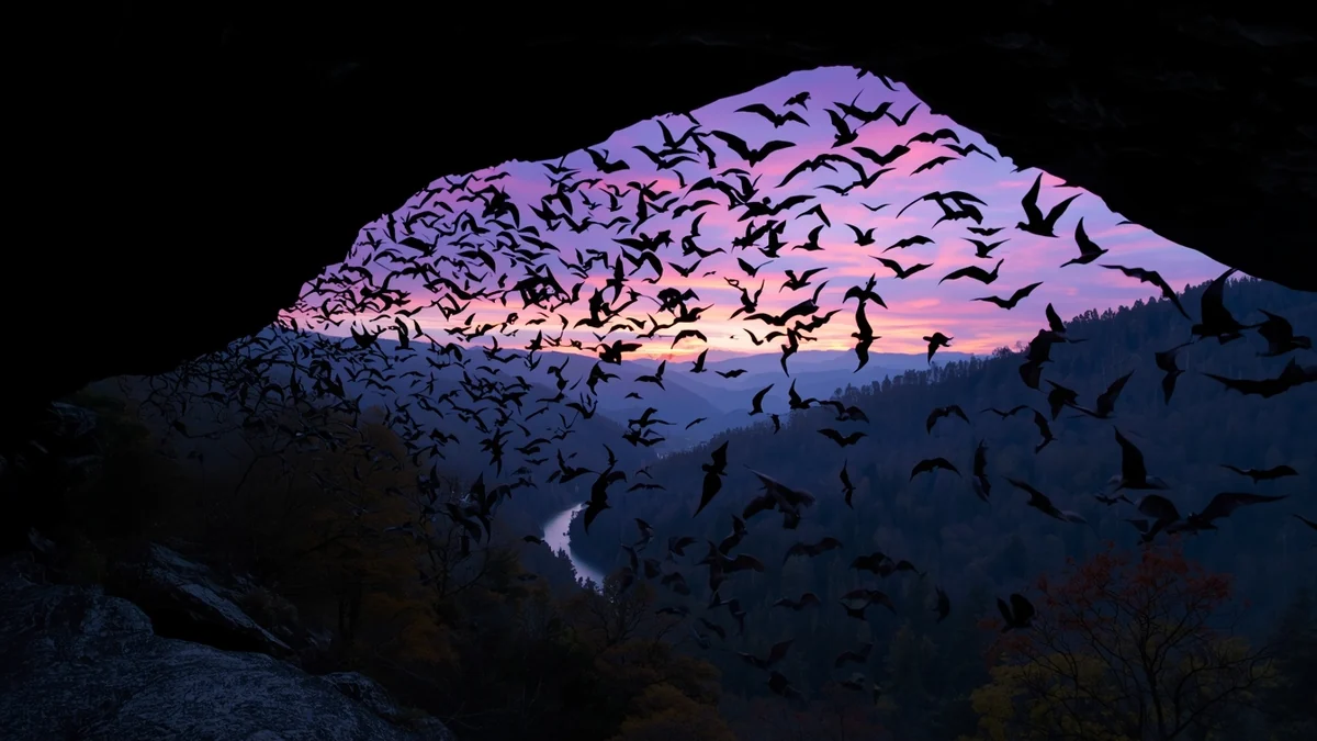Jato šišmiša na izlazu iz pećine u suton kao ilustracija noćne ekologije i važnosti šišmiša kao bioindikatora.