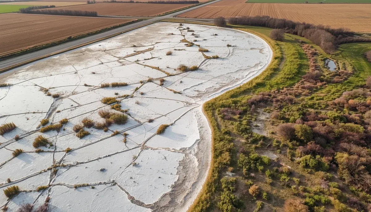 Zasoljena površina sa pukotinama i ostrvcima vegetacije kao ilustracija slatinskih staništa Vojvodine.