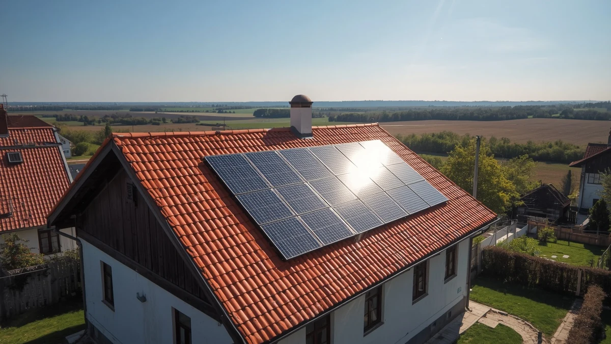 Solarni paneli na krovu porodične kuće u ruralnom pejzažu kao ilustracija kućne proizvodnje električne energije.