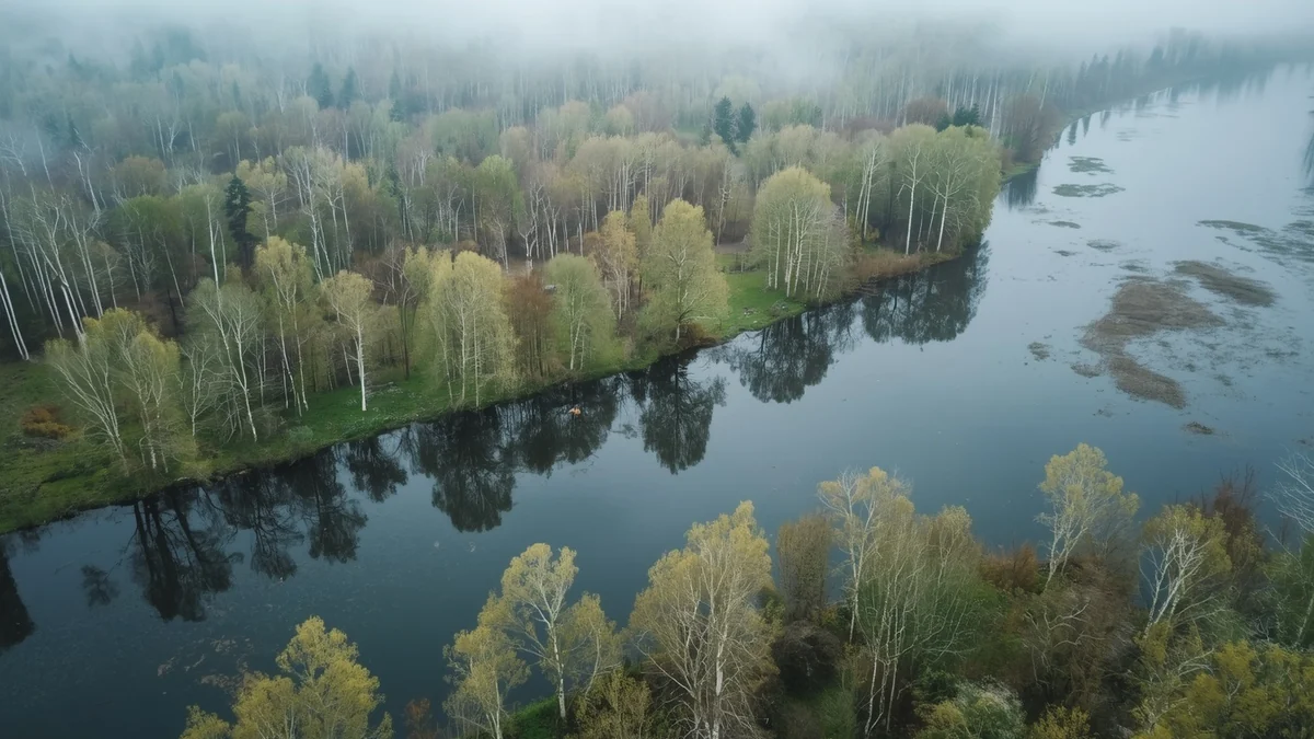 Maglovita rečna šuma uz široku vodenu površinu kao ilustracija poplavnih ravnica, meandara i aluvijalnih staništa.