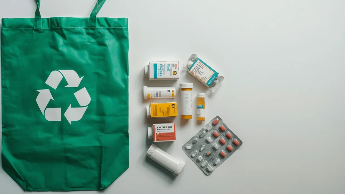 Zelena torba za reciklažu i lekovi na svetloj podlozi kao ilustracija pravilnog odlaganja farmaceutskog otpada iz domaćinstva.