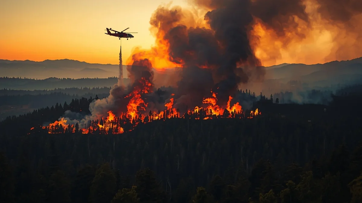 Veliki šumski požar u planinskom pejzažu sa helikopterom koji gasi vatru.