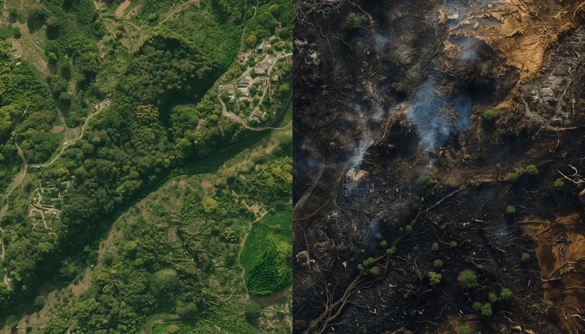 Poređenje netaknute šume i opožarenog pejzaža kao ilustracija razmere posledica šumskih požara.
