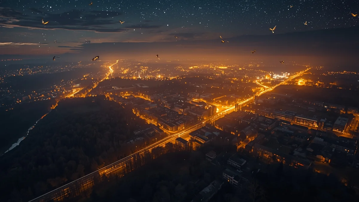 Noćni gradski pejzaž sa jakim svetlosnim sjajem kao ilustracija svetlosnog zagađenja i nestanka prirodne tame.