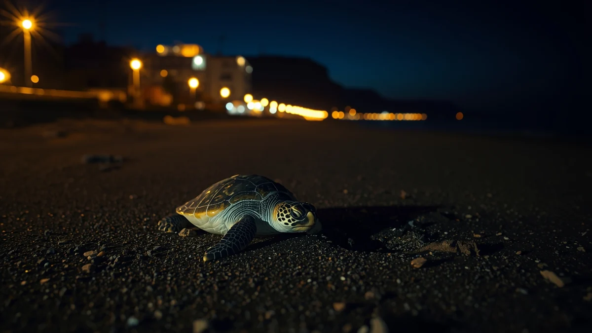 Morska kornjača na tamnoj obali uz jaku veštačku rasvetu u pozadini kao ilustracija svetlosnog zagađenja obalnih ekosistema.