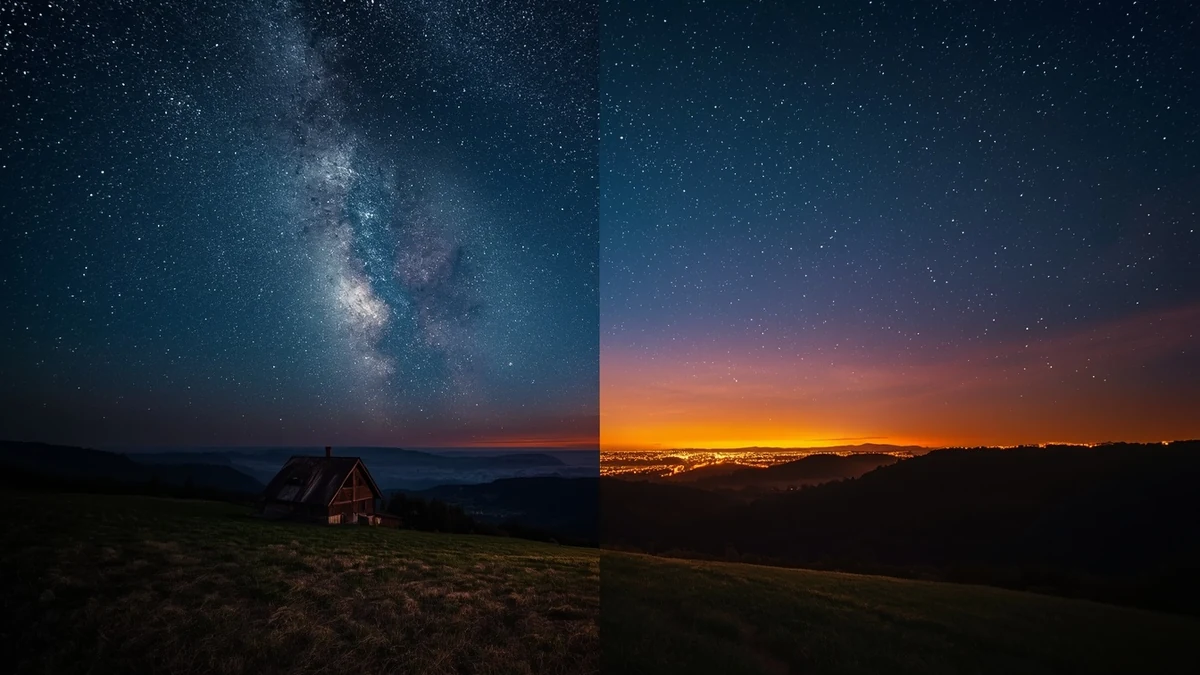 Poređenje tamnog zvezdanog neba i svetlosno zagađenog horizonta kao ilustracija gubitka noćnog neba.