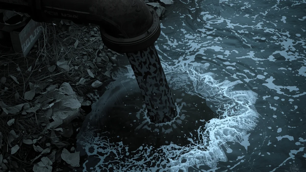 Industrijska cev koja ispušta tamni efluent u vodotok kao ilustracija toksičnih industrijskih efluenata.