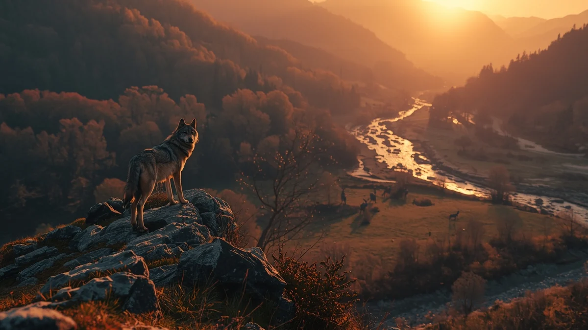 Vuk na steni iznad rečne doline kao ilustracija trofičkih kaskada i uloge predatora u kopnenim ekosistemima.