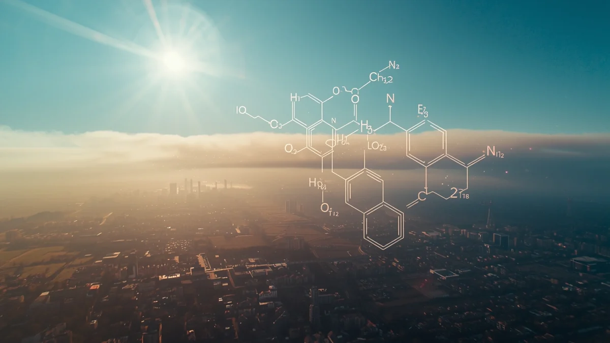 Zamućen gradski horizont sa hemijskom formulom kao ilustracija fotohemijskih reakcija koje stvaraju prizemni ozon.