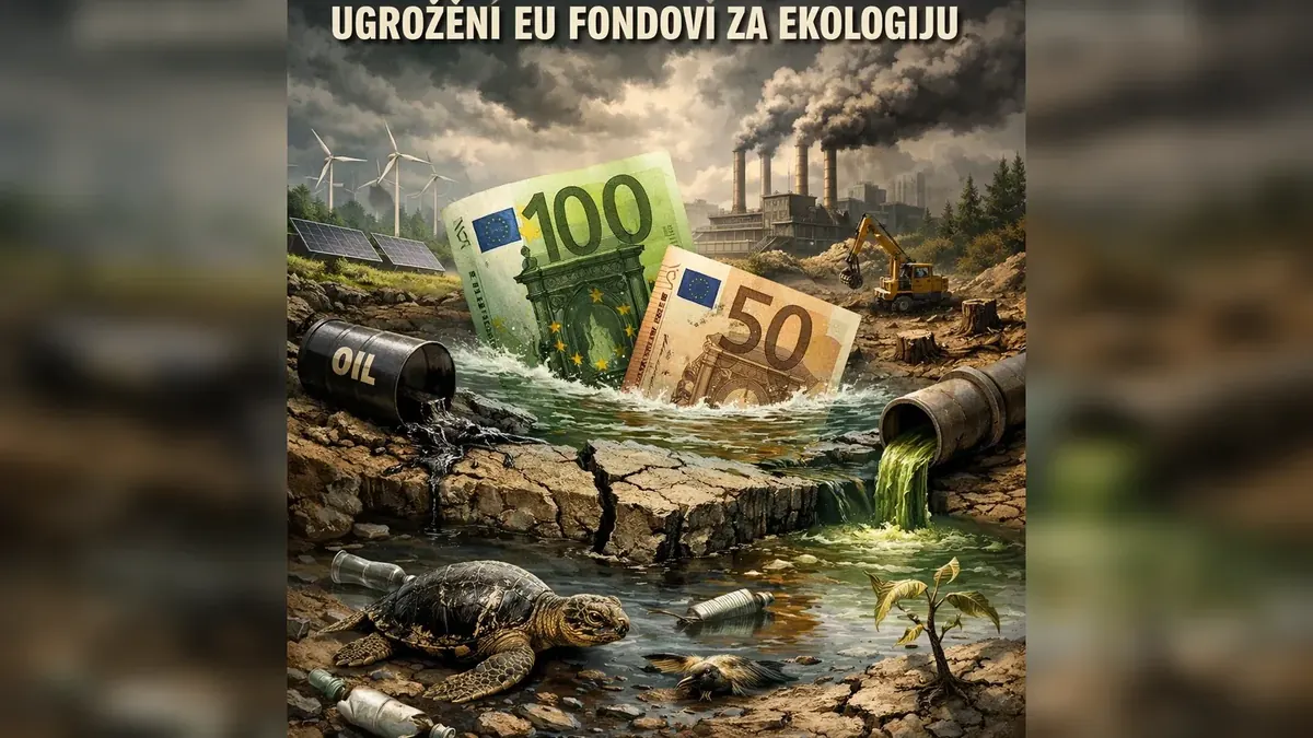 Editorial ilustracija o zelenoj tranziciji Srbije na čekanju: elektronski otpad i stare gume u prvom planu, industrijski dimnjaci i reka u pozadini, uz diskretne evropske motive.