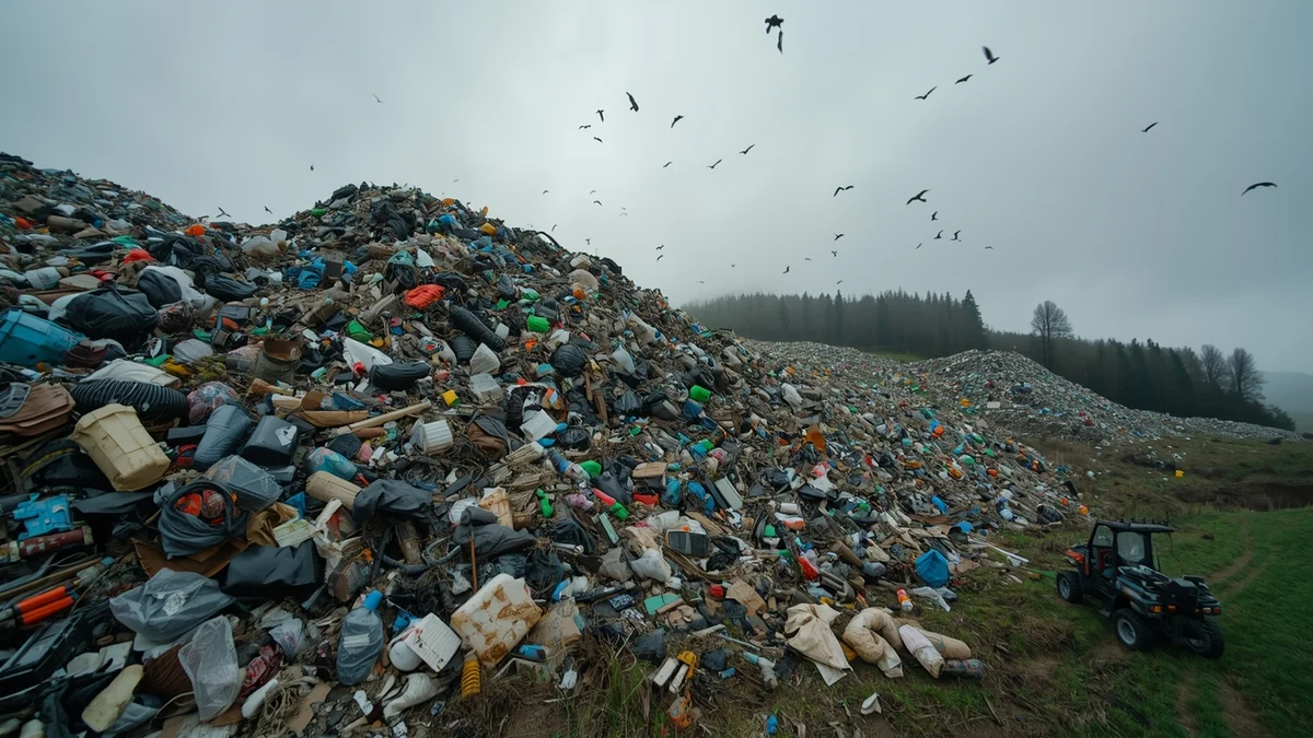 Velika deponija otpada sa rasutim plastičnim i komunalnim materijalom kao ilustracija izazova upravljanja otpadom u Srbiji.