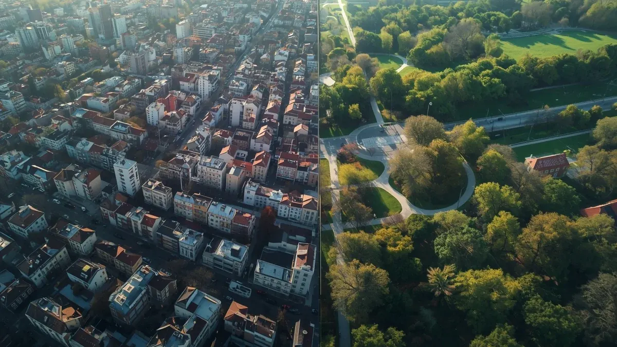Vazdušni prikaz gustog gradskog bloka i obližnjeg velikog parka kao ilustracija razlike između zagrejanog grada i rashladnog efekta zelenila.
