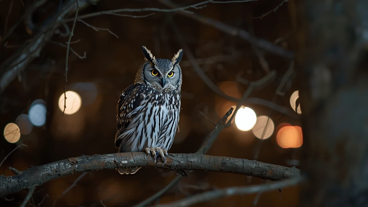 Sova na grani sa gradskim svetlima u pozadini kao simbol urbanog biodiverziteta.