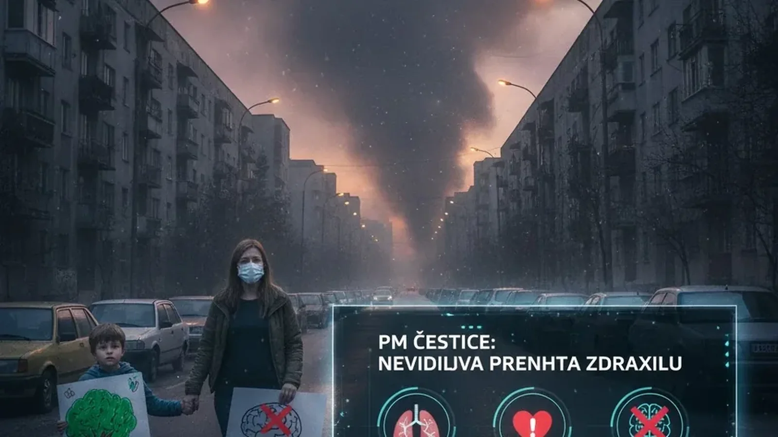 Majka i dete sa maskama stoje na ulici prekrivenoj smogom – simbol zagađenog vazduha i nevidljivih PM čestica