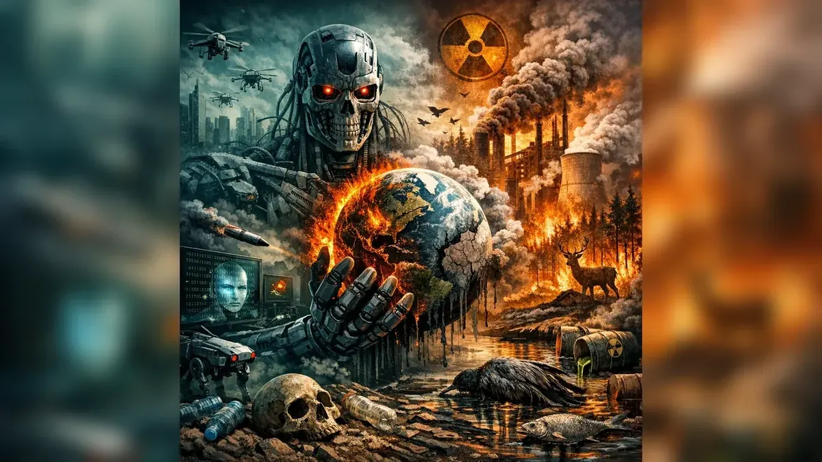 Ilustracija: veštačka inteligencija, industrijsko zagađenje i planeta Zemlja — AI i ekološki rizici.