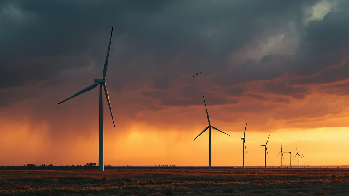 Vetroturbine u ravnici pod olujnim nebom pri zalasku sunca kao ilustracija vetroenergetike u Srbiji.