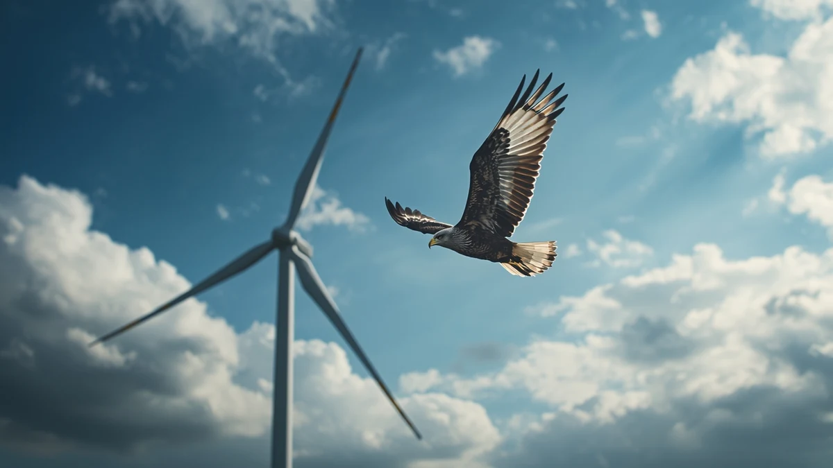 Orao u letu pored vetroturbine kao ilustracija odnosa vetroenergije i zaštite ptica.