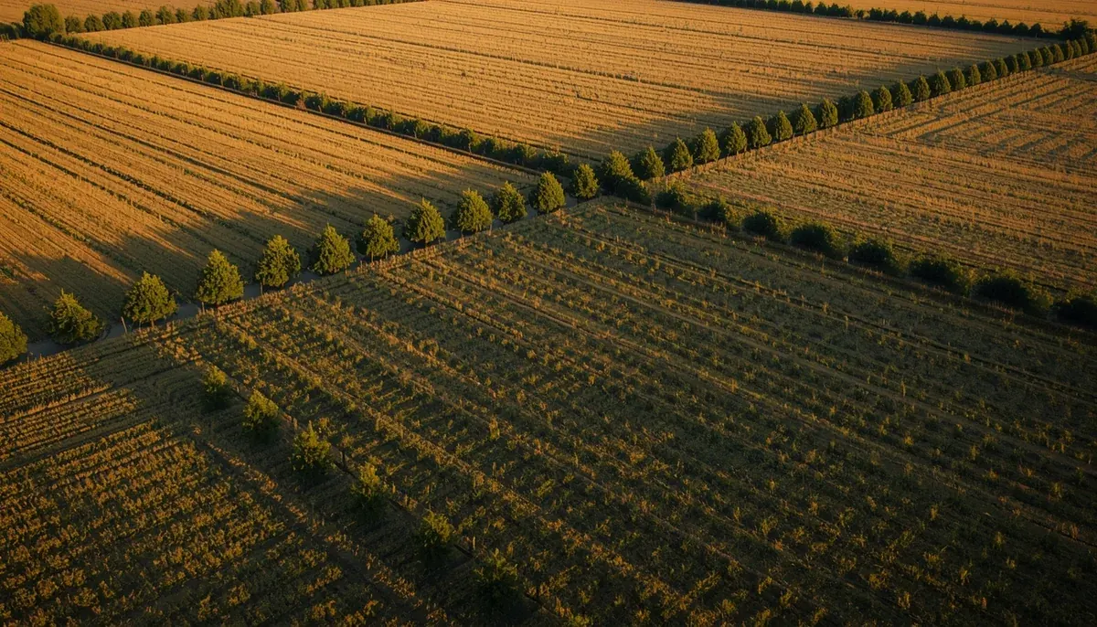 Redovi drveća između vojvođanskih parcela kao ilustracija vetrozaštitnih pojaseva u ravnici.
