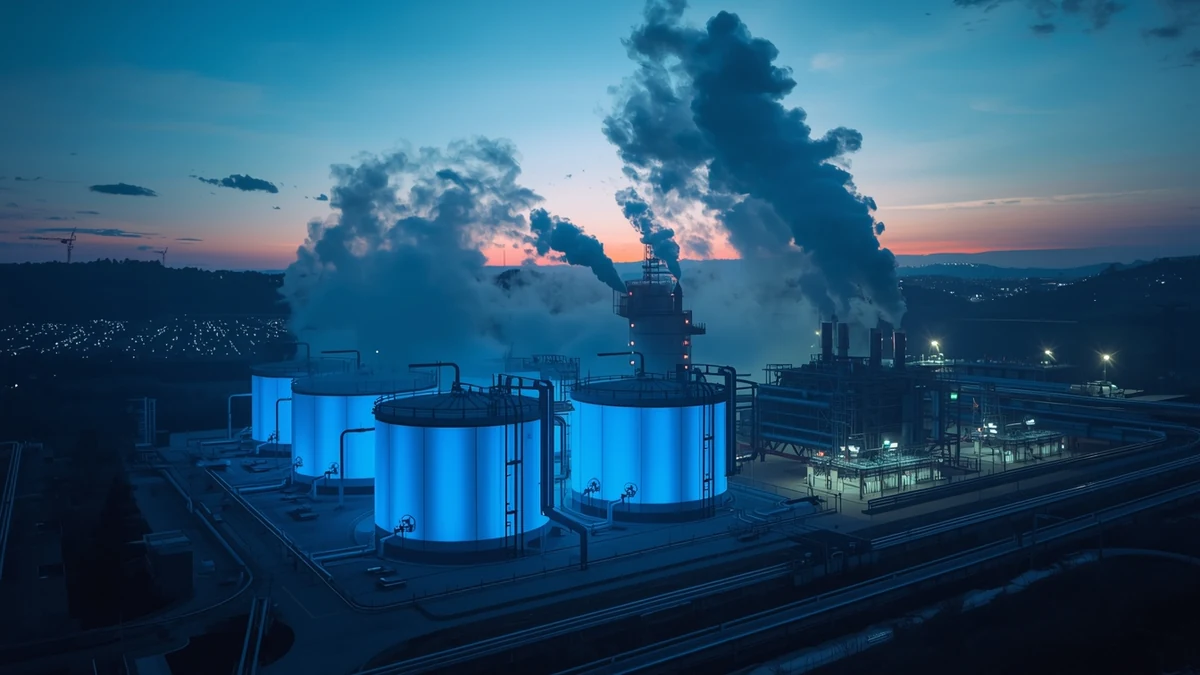 Industrijsko postrojenje sa rezervoarima i parom pri sumraku kao ilustracija vodonične infrastrukture i energetske tranzicije.
