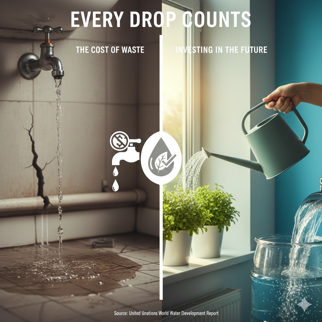 Podeljena scena: sa leve strane slavina iz koje nekontrolisano curi voda u zapuštenom kupatilu, sa desne strane zalivanje biljaka iz kante za zalivanje uz prirodno svetlo – poruka da se svaka kap vode računa.