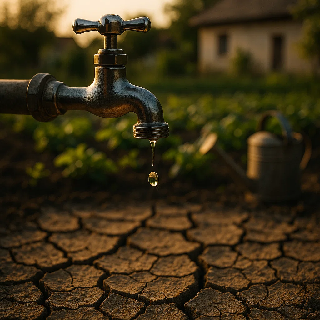 Podeljena scena: sa leve strane slavina iz koje nekontrolisano curi voda u zapuštenom kupatilu, sa desne strane zalivanje biljaka iz kante za zalivanje uz prirodno svetlo – poruka da se svaka kap vode računa.