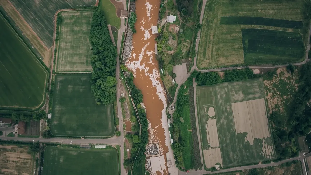 Mutan vodotok kroz poljoprivredni pejzaž kao ilustracija urbanih i agroindustrijskih pritisaka u slivu Morave.