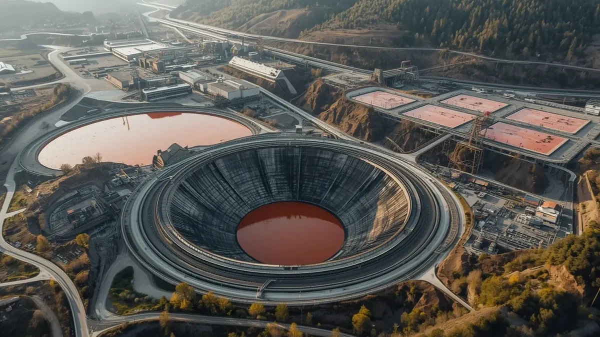 Industrijsko-rudarski kompleks sa velikim jalovištem i crvenkastim bazenima kao ilustracija rudarskog zagađenja u Timočkoj krajini.