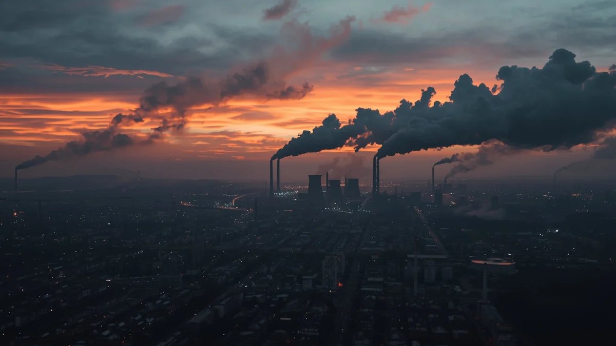 Industrijski dimnjaci i gusti smog kao ilustracija zagađenja vazduha u urbanim i energetskim zonama Srbije.