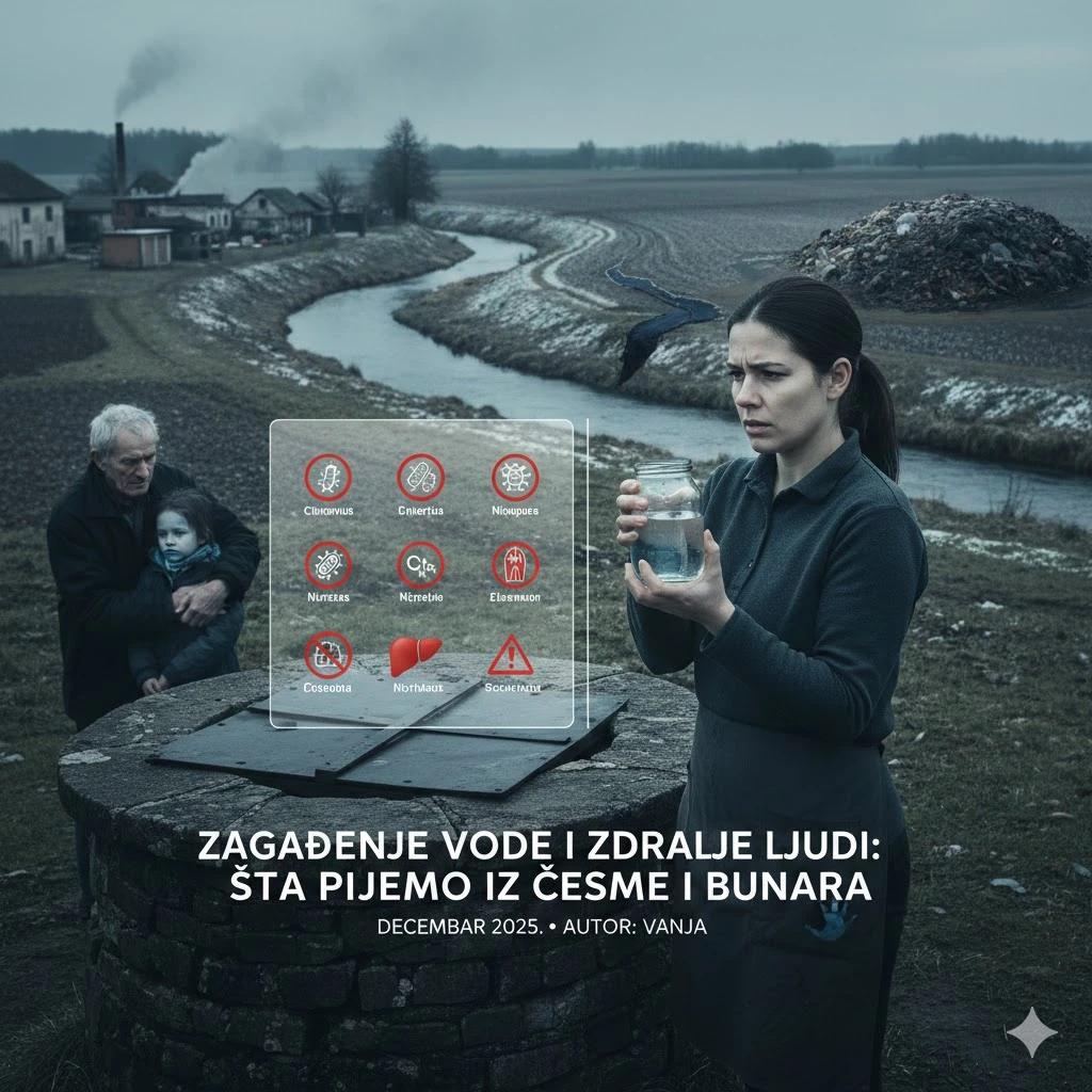Staklena čaša sa vodom ispred bunara, u pozadini industrijski dimnjaci – simbol zagađenja vode i uticaja na zdravlje ljudi