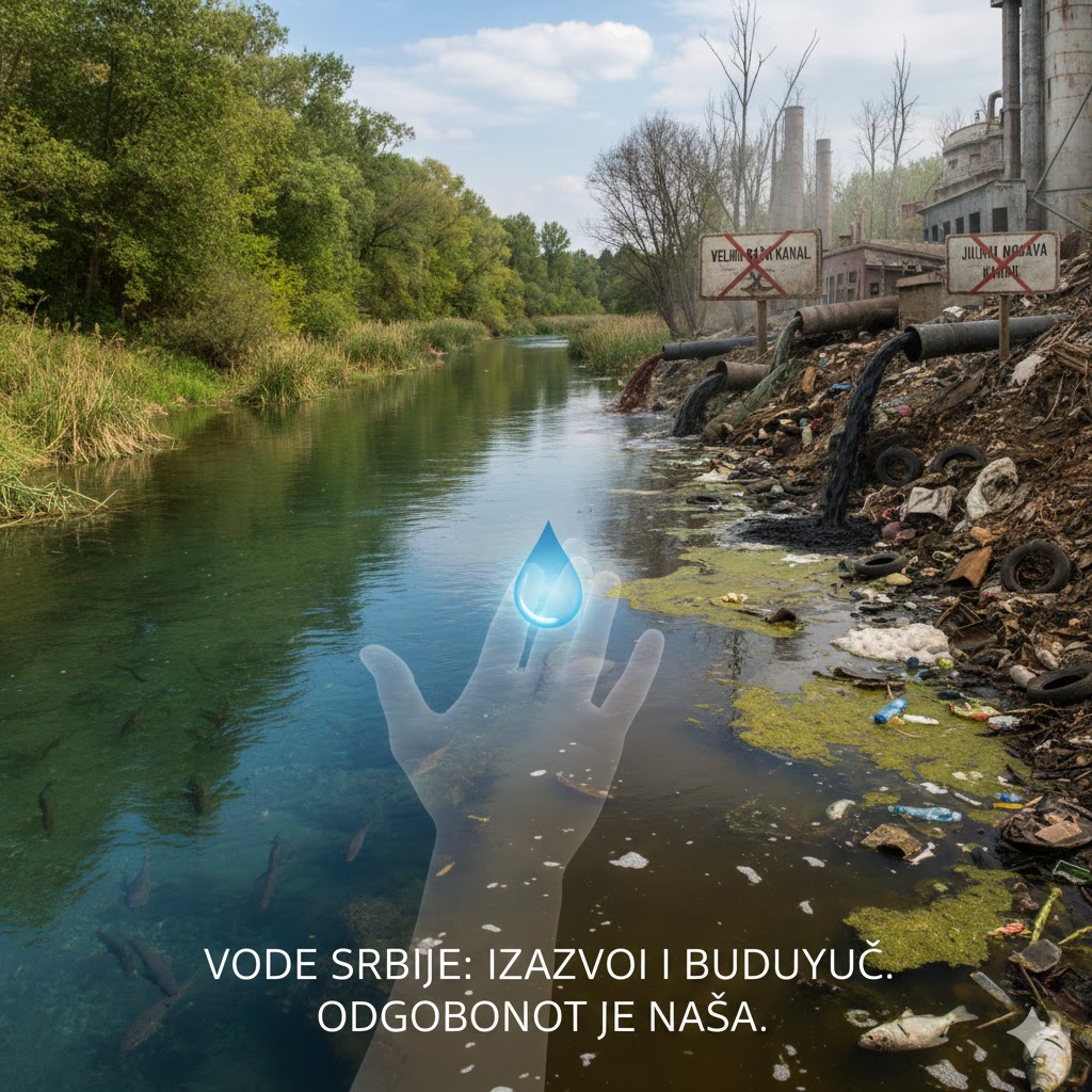 Zagađena obala kanala u Srbiji sa cevima koje ispuštaju tamnu otpadnu vodu, gomilom otpada na obali i simboličnom prozirnom rukom iznad vode.