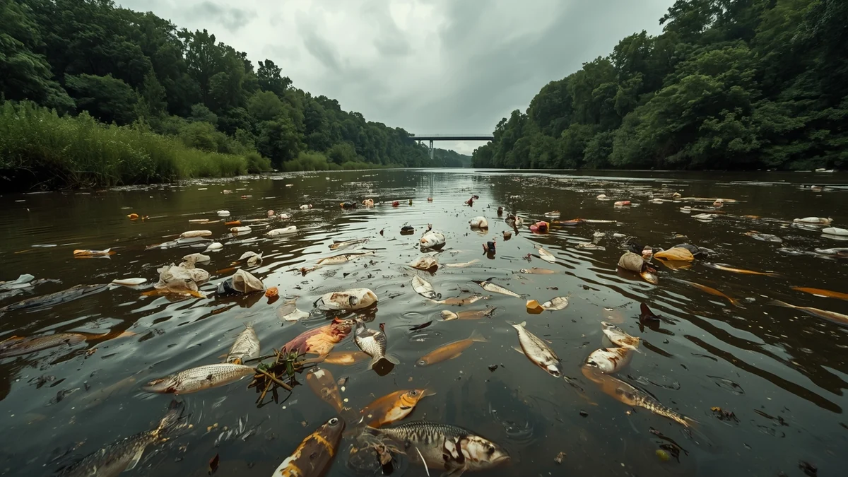 Mrtve ribe, otpad i zagađena površina reke kao ilustracija ozbiljnog pritiska na vodne resurse Srbije.
