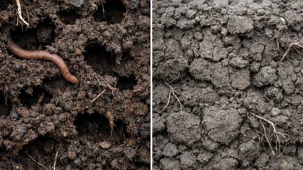 Poređenje rastresitog i zbijenog tla — na jednoj strani pore i glista, na drugoj zbijena, siva struktura bez vazduha.
