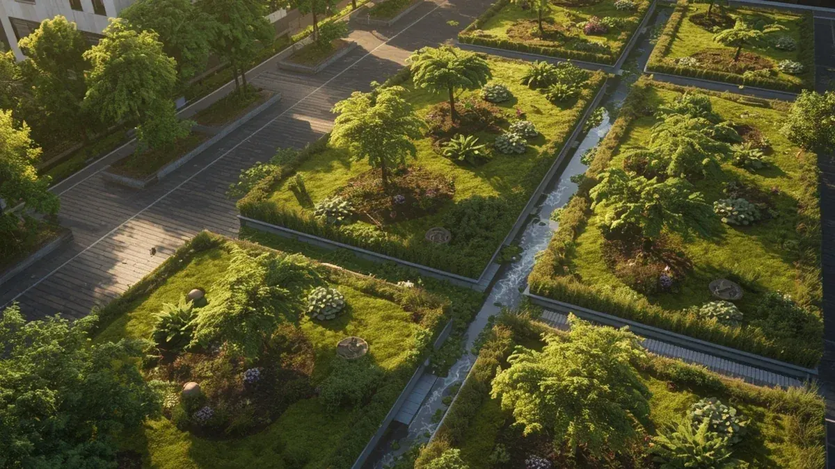 Zeleni urbani blokovi i vodeni kanali između zgrada kao ilustracija zelene infrastrukture i upravljanja urbanim vodama.