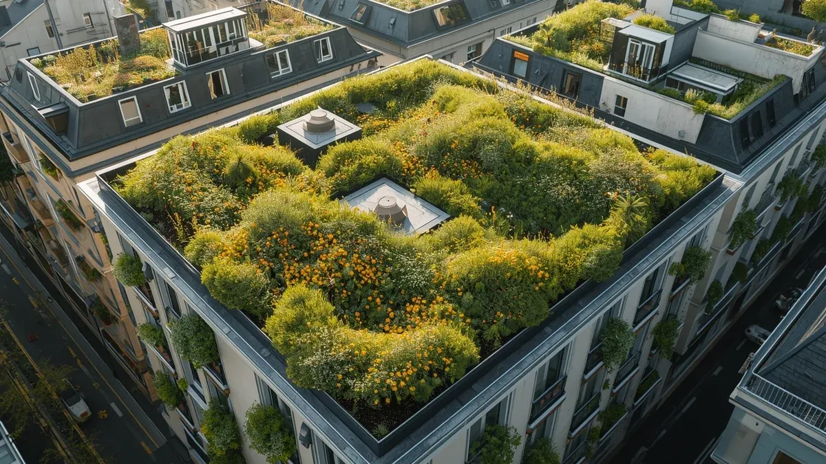 Krov gradske zgrade pretvoren u bogatu zelenu površinu sa cvećem i niskim rastinjem kao ilustracija zelenih krovova u gradovima.