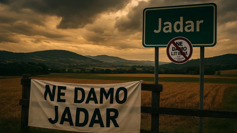 Transparent protiv Rio Tinta ispred znaka za Jadar tokom protesta