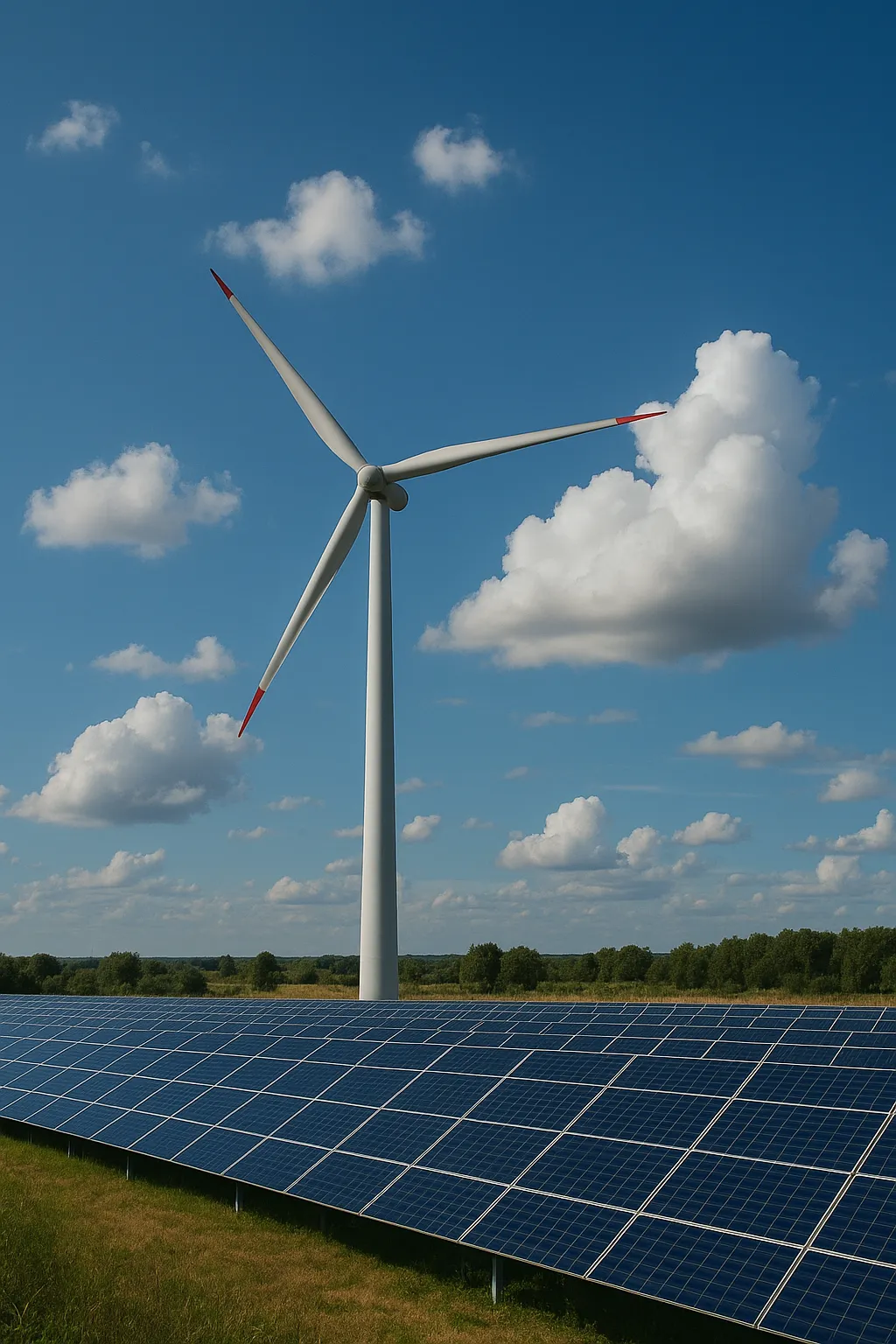 Vetro-turbina i solarni paneli na polju pod plavim nebom