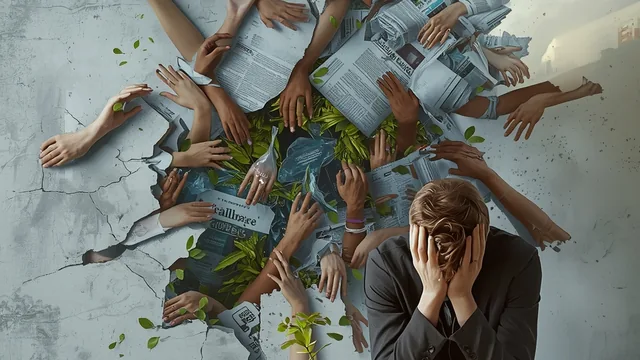 Ilustracija eko-anksioznosti: osoba prekriva lice rukama dok iz zida izbijaju ruke, novine i zelenilo kao simbol ekološke brige i mentalnog pritiska.