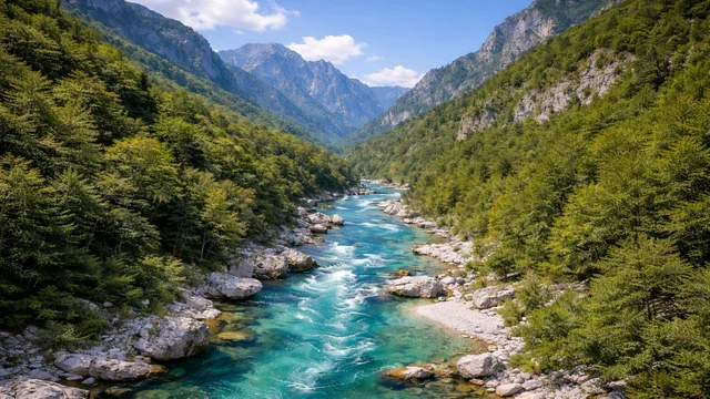 Planinska balkanska reka tirkizne boje u netaknutoj šumsko-planinskoj dolini – simbol očuvanih reka i biodiverziteta Balkana.
