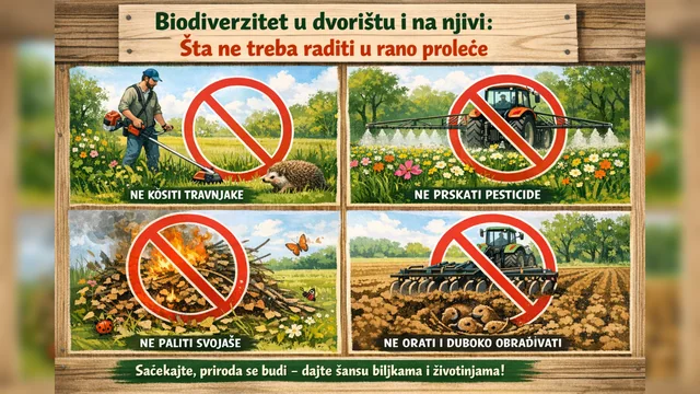 Ilustrovani edukativni poster o biodiverzitetu u dvorištu i na njivi u rano proleće sa zabranama za prerano košenje, pesticide, paljenje i duboku obradu zemljišta.