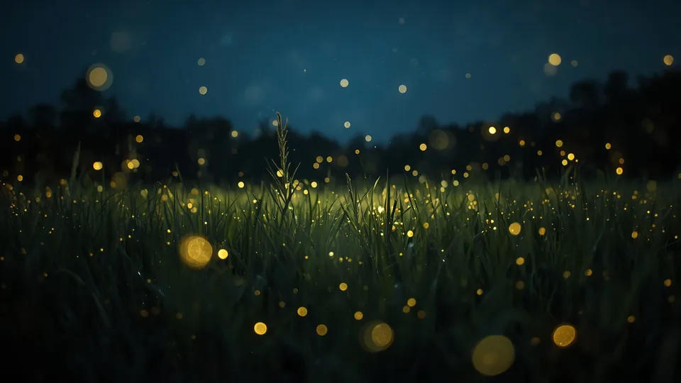 Livada noću sa mnoštvom svetlećih svitaca kao prikaz bioluminiscencije u prirodi.
