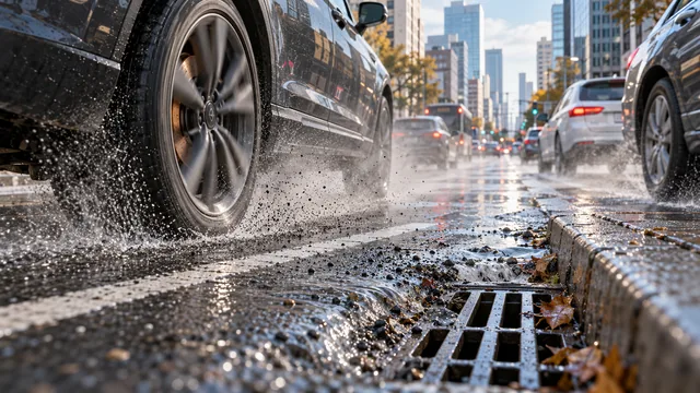 Automobili na mokroj ulici; prikaz čestica nastalih habanjem pneumatika i kočnica koje kiša spira ka slivniku.