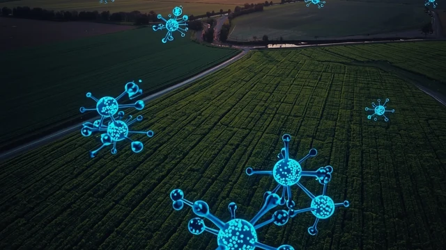 Poljoprivredni pejzaž sa simboličnim prikazom reaktivnog azota iznad useva.