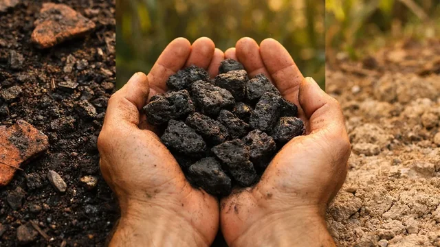 Ruke drže komade biougljenika iznad zemljišta — simbol biochara kao dodatka tlu za bolju strukturu i zadržavanje vode.