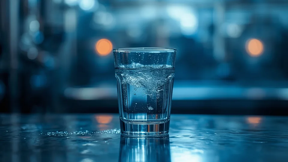 Čaša bistre vode na metalnoj površini u postrojenju za prečišćavanje, hladni plavi tonovi.