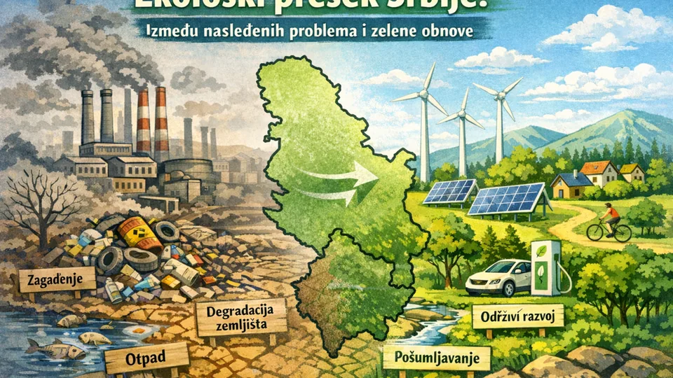 Ilustracija Srbije podeljena na zagađenu industrijsku zonu i zeleni obnovljivi razvoj (vetroturbine, solarni paneli)
