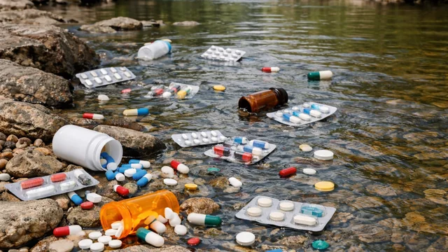Farmaceutski proizvodi i ambalaža lekova u rečnom toku – ilustracija farmaceutskog zagađenja vode.